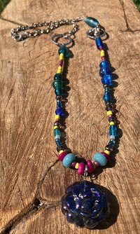 Handmade by Lucky Burrito Dichroic glass Rose pendant pinks and blues and shell, glass, lamp work beads Autumnal collection - 1