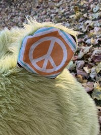Handmade by Lucky Burrito Beautiful Hooded Scarves inspired by the designs of Sienna Rose* Granny Smith green faux fur with bear ears & with peace sign patterns opposite and inside of ears 