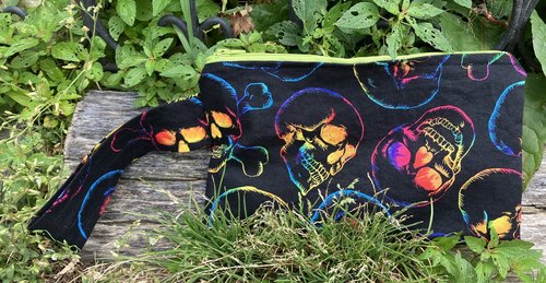 Handmade zippered wristlet bag (Clutch) Large by Lucky Burrito featuring black tie dye skull fabric