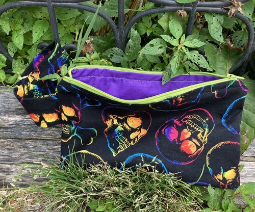 Handmade zippered wristlet bag (Clutch) Large by Lucky Burrito featuring black tie dye skull fabric