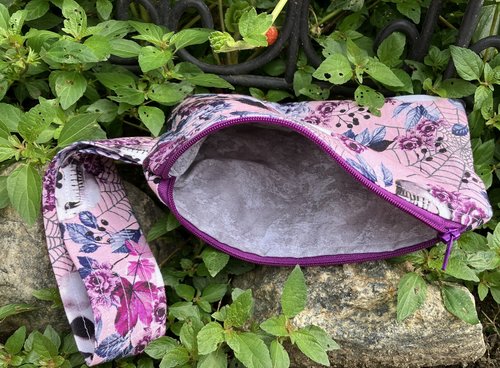 Handmade by Lucky Burrito Skull and Roses fabric purple, zippered wristlet bags (clutch)