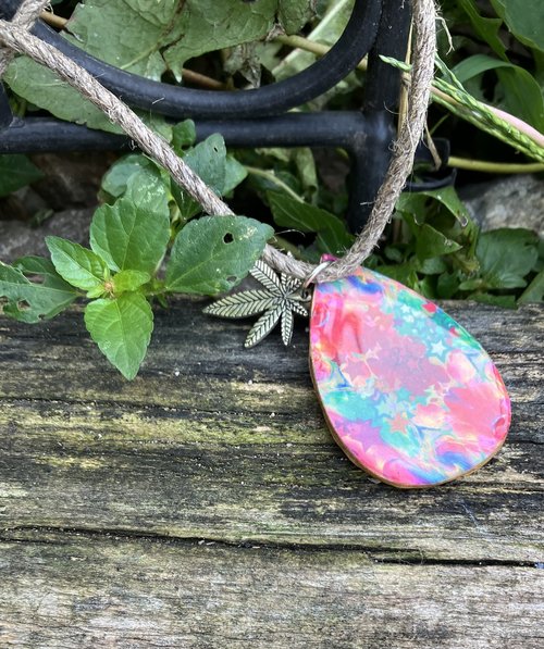 Tear drop necklace with Jerry and cannabis leaf charm