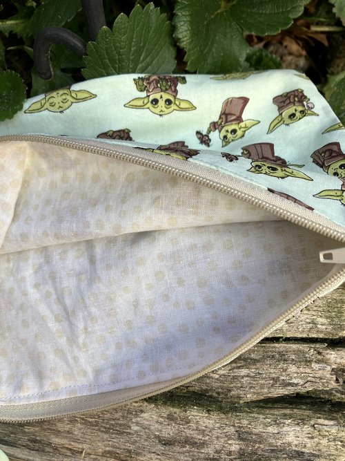 Handmade zippered wristlet bag (Clutch) Large by Lucky Burrito featuring Disney's Baby Yoda