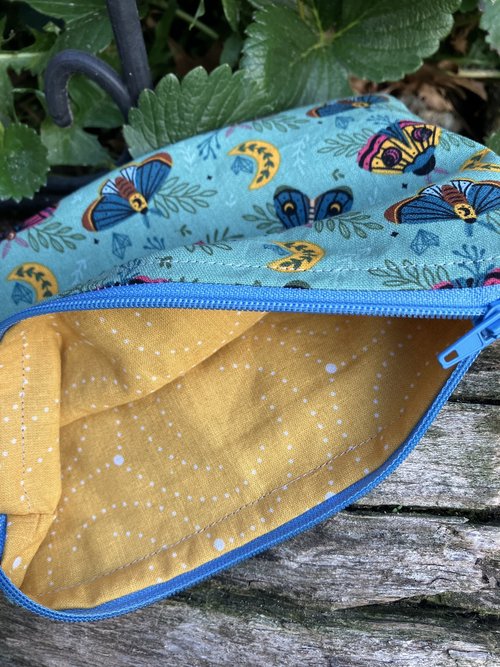 Handmade by Lucky Burrito featuring moons and moths fabric, zippered wristlet bags (clutch)