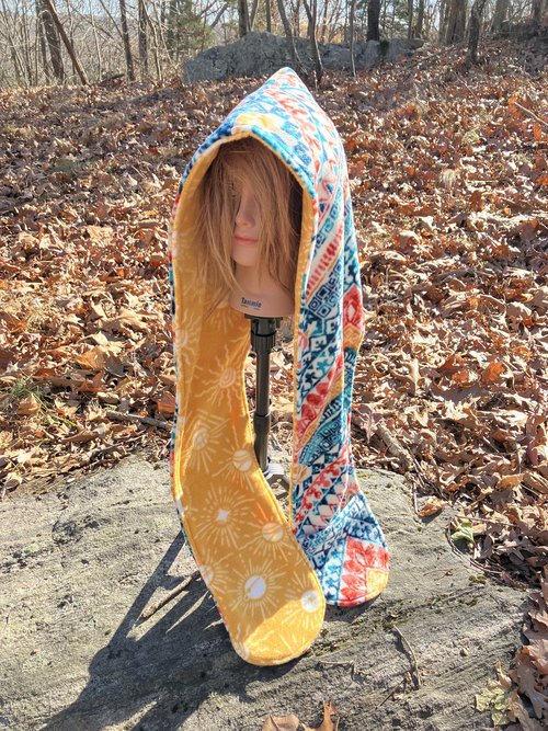 Handmade by Lucky Burrito Beautiful XL Hooded Scarves inspired by the designs of Sienna Rose* fully reversible meso-american/ sun