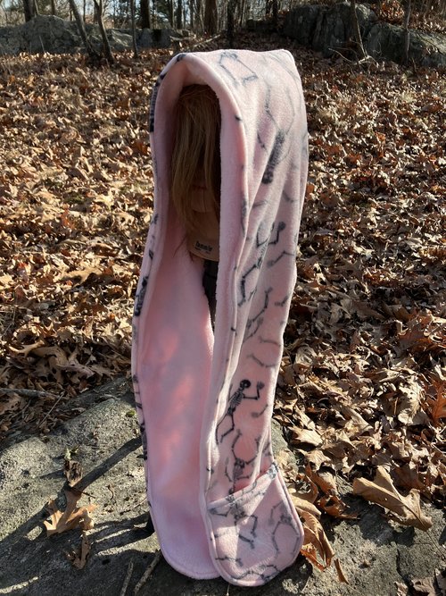 Handmade by Lucky Burrito Beautiful XL Hooded Scarves inspired by the designs of Sienna Rose* fully reversible Pink with dancing skeletons