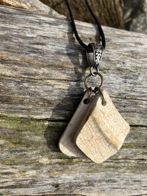 River Glass Necklace   River polished antique pottery shards  black cotton cord