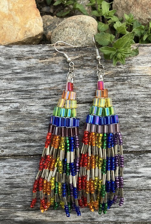 Rainbow patterns seed beaded Chandelier earrings