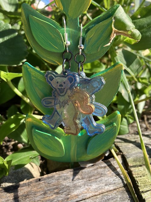 Grateful Dead  dancing bear resin with varying colors purple to  golden orange in shifting hues of  mica glitter 
