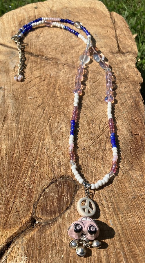 Peace ,Love and VW's pink white and blue  various glass ,metal beads Autumnal collection - 1