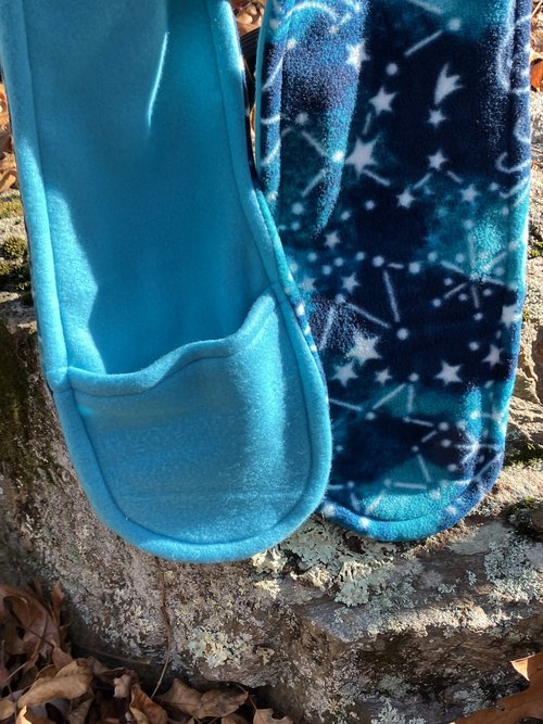 Handmade by Lucky Burrito Beautiful Hooded Scarves inspired by the designs of Sienna Rose* fully reversible Celestial winter sky constellations and snow flakes opposite coordinating blue fleece