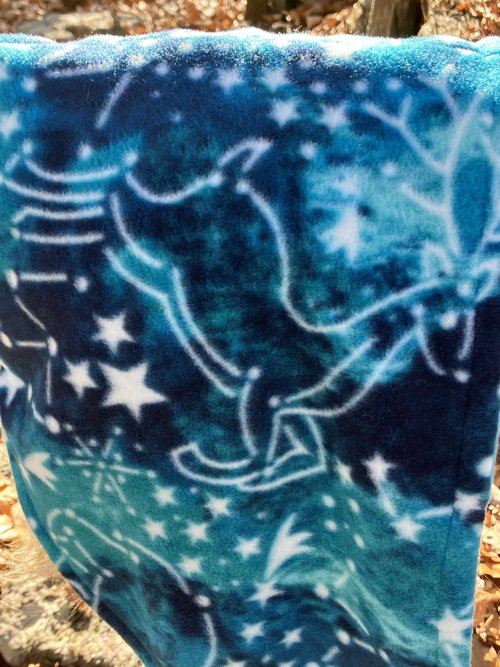Handmade by Lucky Burrito Beautiful Hooded Scarves inspired by the designs of Sienna Rose* fully reversible Celestial winter sky constellations and snow flakes opposite coordinating blue fleece