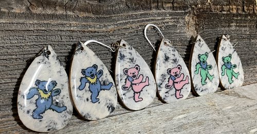 Handmade by Lucky Burrito Grateful Dead blue dancing bear wood earrings