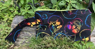 Handmade zippered wristlet bag (Clutch) Large by Lucky Burrito featuring black tie dye skull fabric