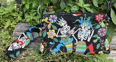 Handmade zippered wristlet bag (Clutch) Large by Lucky Burrito featuring Alexander Henry's Skeleton Fabric, Mermaid Fabric, Esqueletos del Mar - Day of the Dead Mermaids on black