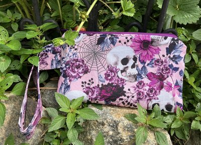 Handmade by Lucky Burrito Skull and Roses fabric purple, zippered wristlet bags (clutch)