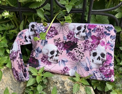 Handmade zippered wristlet bag (Clutch) Large by Lucky Burrito featuring purple skull and roses
