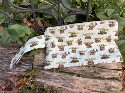 Handmade zippered wristlet bag (Clutch) Large by Lucky Burrito featuring Disney's Baby Yoda