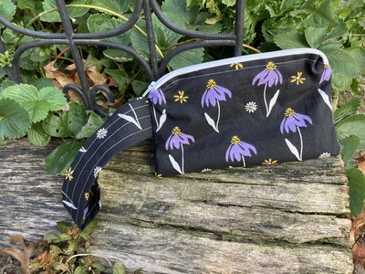 Handmade by Lucky Burrito featuring purple coneflower fabric, zippered wristlet bags (clutch)
