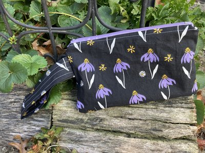 Handmade zippered wristlet bag (Clutch) Large by Lucky Burrito featuring purple coneflowers