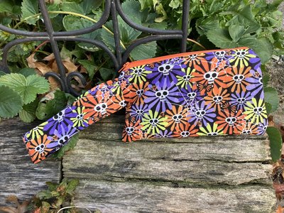 Handmade by Lucky Burrito featuring flower skulls fabric, zippered wristlet bags (clutch)