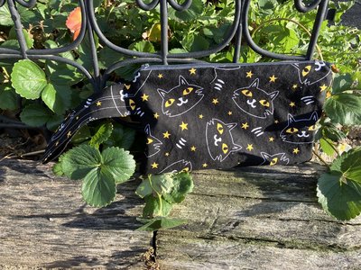 Handmade zippered wristlet bag (Clutch) Large by Lucky Burrito featuring black cosmic cats