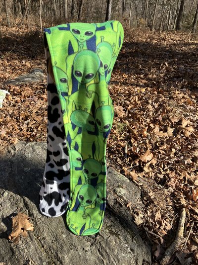 Handmade by Lucky Burrito Beautiful XL Hooded Scarves inspired by the designs of Sienna Rose* fully reversible aliens and cow print