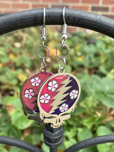 Handmade by Lucky Burrito Stealie earrings pink and purple dancing daisies