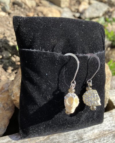 bling'ed out skull  with glass beaded fish hook earrings