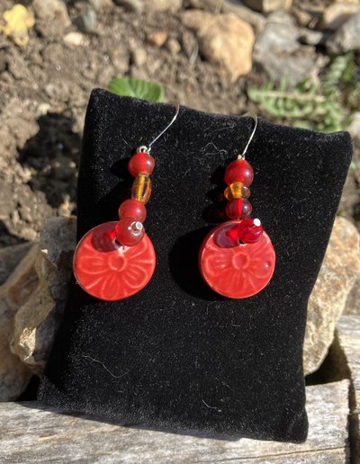 glazed red ceramic flowers with amber beads   fish hook earrings