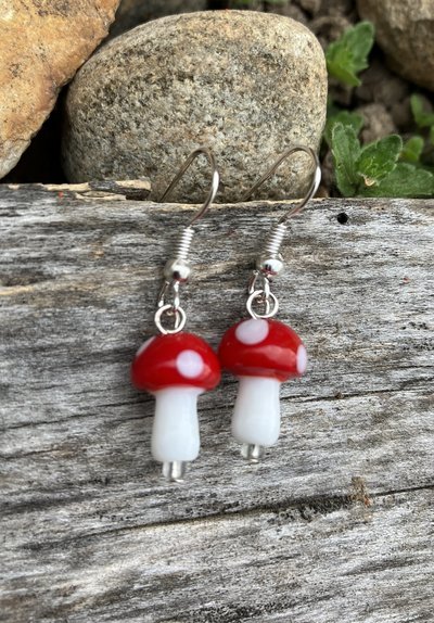 lamp work glass  fly Argaric mushroom fish hook earrings