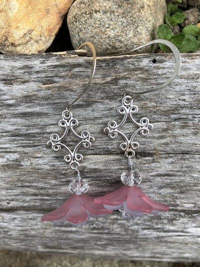 Lucite flower pink and pastel crystal Rondelle bead diamond shaped filigree large fish hook earrings