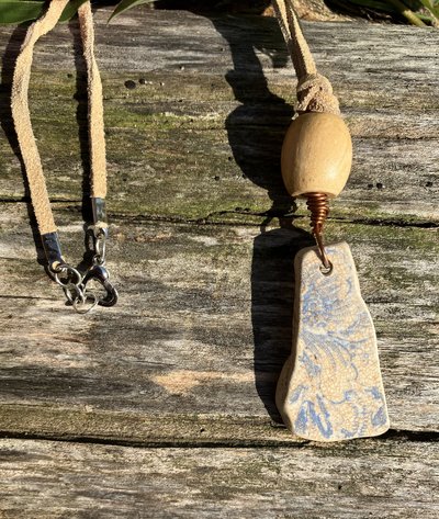 River Glass Necklace pottery blue print
