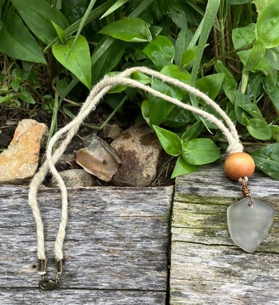 River Glass Necklace  antique glass wooden bead hemp cord 