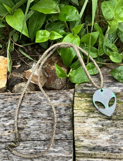 Resin pendant necklace Alien on hemp cord