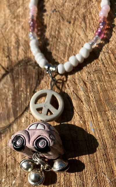 Peace ,Love and VW's pink white and blue  various glass ,metal beads Autumnal collection - 1