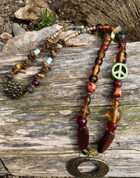 Flowers and peace sign earth toned  beaded necklace 