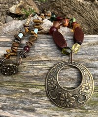 Flowers and peace sign earth toned  beaded necklace 