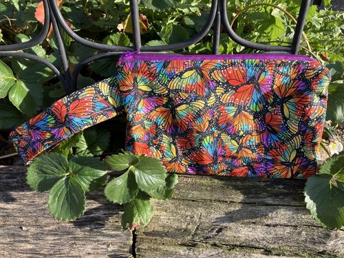 Handmade zippered wristlet bag (Clutch) Large by Lucky Burrito featuring Rainbow butterflies