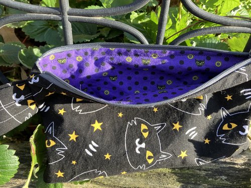 Handmade zippered wristlet bag (Clutch) Large by Lucky Burrito featuring black cosmic cats