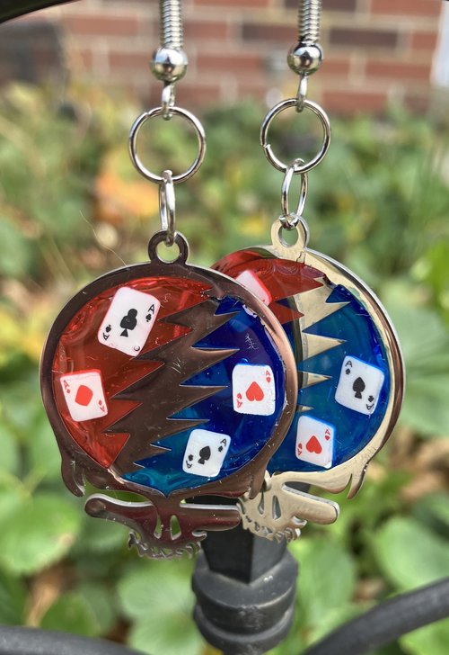 Handmade by Lucky Burrito Stealie earrings Deal with tiny aces