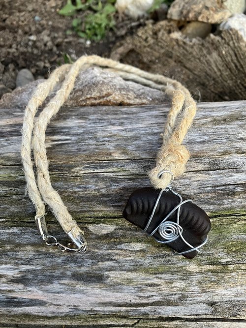 River Glass Necklace  silver wrapped  brown river glass on Hemp