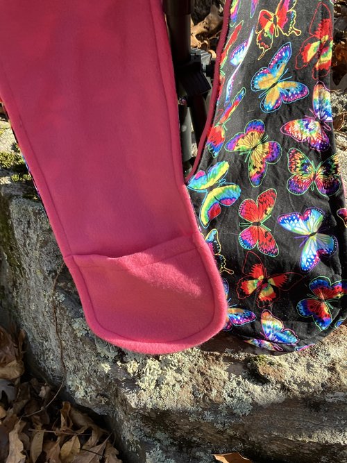 Handmade by Lucky Burrito Beautiful Hooded Scarves inspired by the designs of Sienna Rose* black background with rainbow butterfly motif Fleece reversible cotton and fleece 