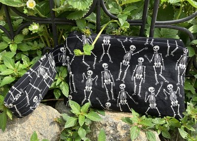 Handmade zippered wristlet bag (Clutch) Large by Lucky Burrito featuring dancing skeletons 