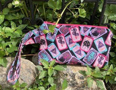 Handmade by Lucky Burrito glitter tarot card fabric, zippered wristlet bags (clutch)