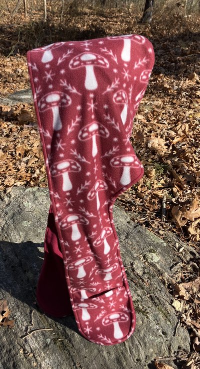 Handmade by Lucky Burrito Beautiful XL Hooded Scarves inspired by the designs of Sienna Rose* fully reversible maroon mushrooms